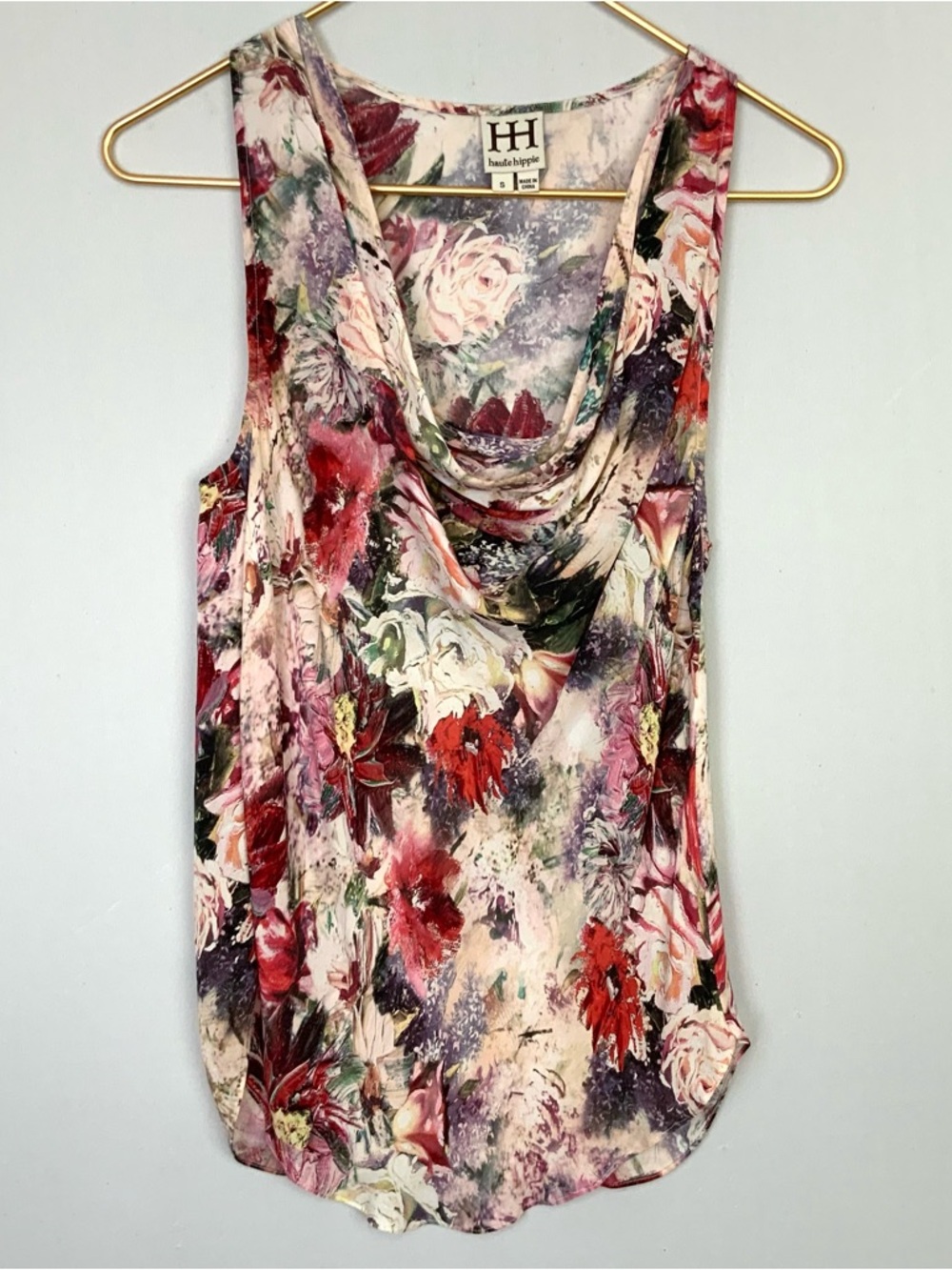 Haute Hippie Sz Small Silk Floral Painterly Drape Neck Sleeveless Blouse Top Art